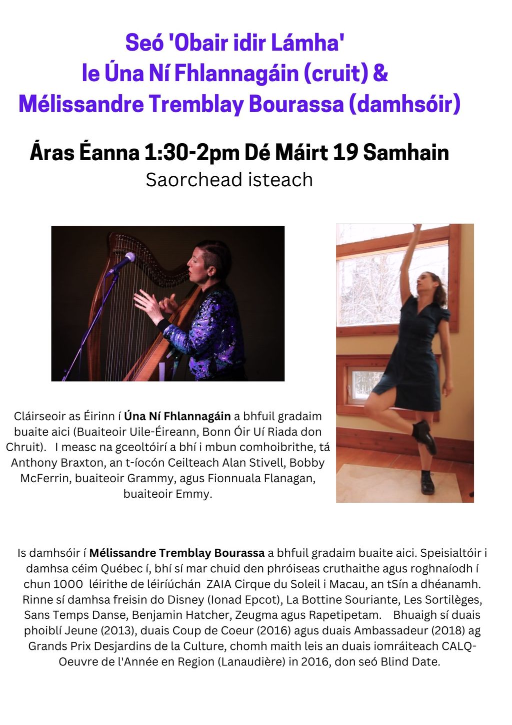 Lunchtime show with Úna Ní Fhlannagáin (harp) & Mélissandre Tremblay Bourassa (dancer)